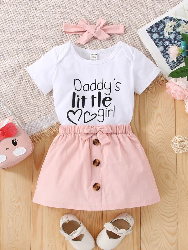 Baby Heart & Letter Graphic Bodysuit & Bow Front Skirt & Headband