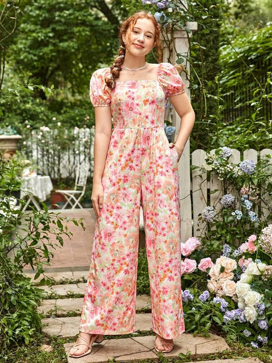 SHEIN Teen Girls Floral Print Puff Sleeve Wide Leg Jumpsuit