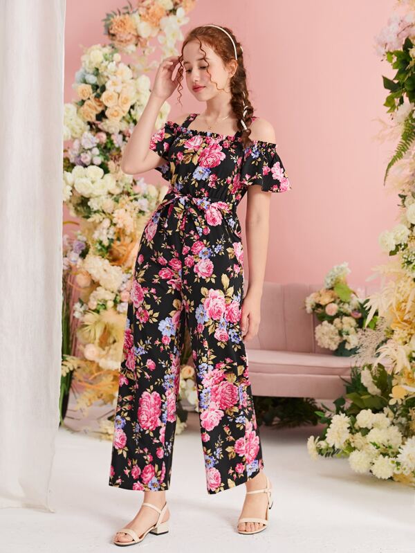 SHEIN Teen Girls Floral Print Cold Shoulder Belted Jumpsuit