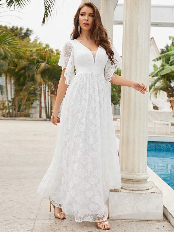 Butterfly Sleeve Lace A-line Wedding Dress