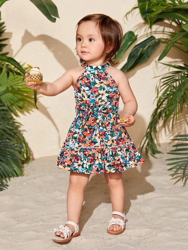 SHEIN Baby Floral Print Ruffle Hem Belted Halter Dress