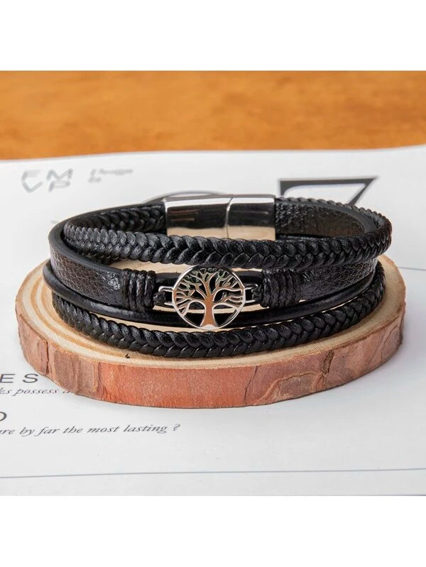 1pc Popular & Simple Tree Design Stainless Steel Pu Leather Braided Bracelet Handmade Fashion Unisex Stainless Steel Magnetic Clasp Wristband, Suitable For Men