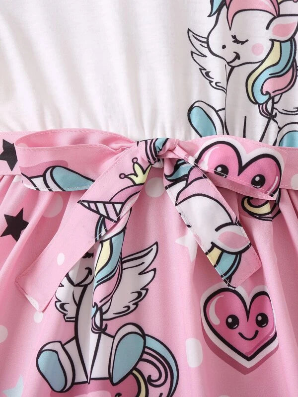 Toddler Girls Unicorn Print Belted Dress