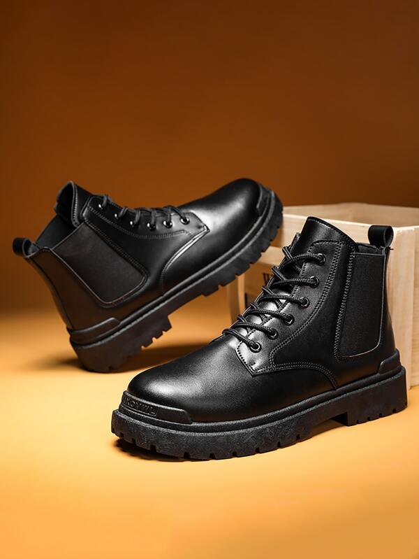 Men's Pu Leather Boots New Style For Fall And Winter, High Top, Casual & Outdoor Knight Style, Fashion Thick & Flat Soled Shoes