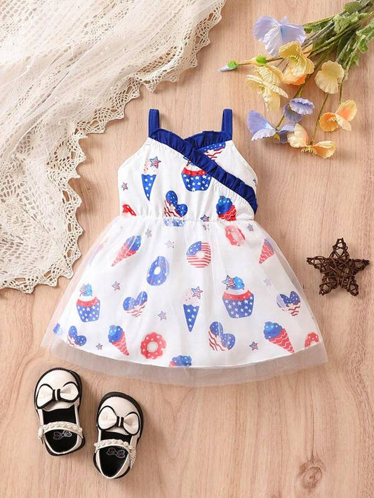 SHEIN Baby Americana Print Mesh Overlay Cami Dress