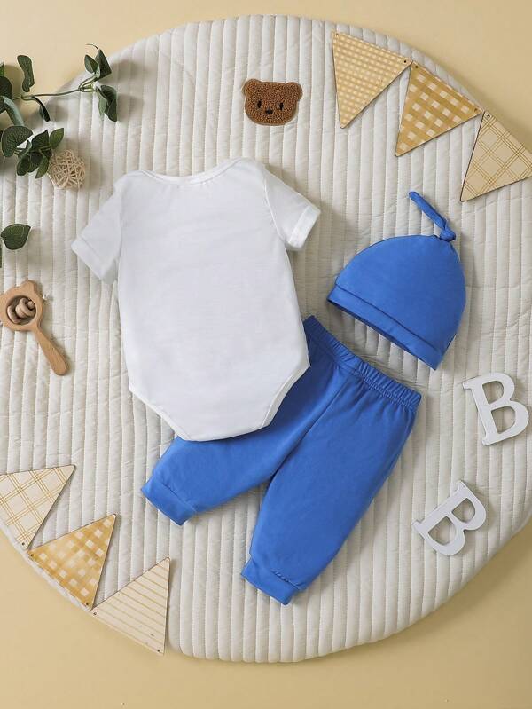 Newborn Baby Shark Print Bodysuit & Sweatpants & Hat