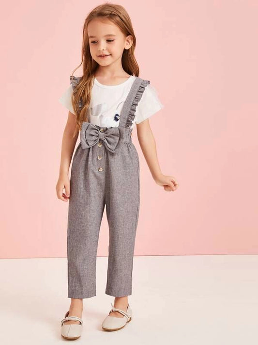 Toddler Girls Bow Front Frill Trim Suspender Jumpsuit