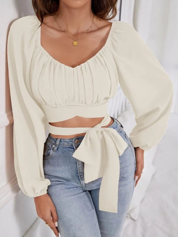 SHEIN VCAY Ruched Bust Lantern Sleeve Knot Front Crop Blouse