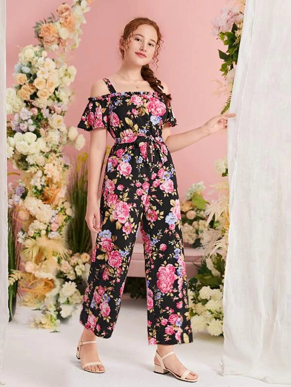 SHEIN Teen Girls Floral Print Cold Shoulder Belted Jumpsuit