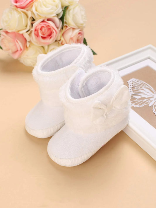 Preppy White Snow Boots For Baby Girls, Bow Decor Hook-and-loop Fastener Boots