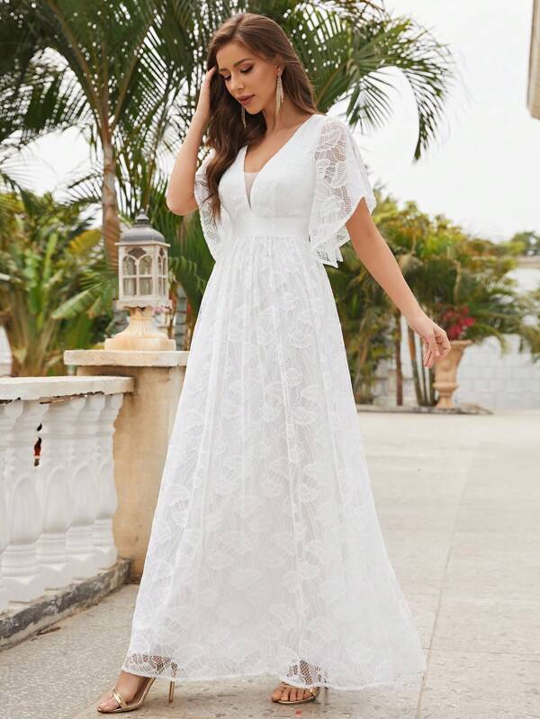 Butterfly Sleeve Lace A-line Wedding Dress