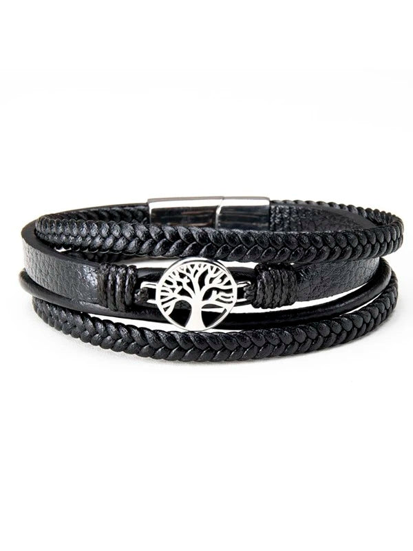 1pc Popular & Simple Tree Design Stainless Steel Pu Leather Braided Bracelet Handmade Fashion Unisex Stainless Steel Magnetic Clasp Wristband, Suitable For Men