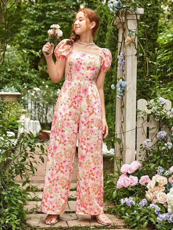 SHEIN Teen Girls Floral Print Puff Sleeve Wide Leg Jumpsuit