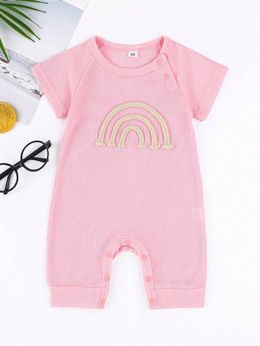 Baby Girl Rainbow Pattern Raglan Sleeve Ribbed Knit Romper