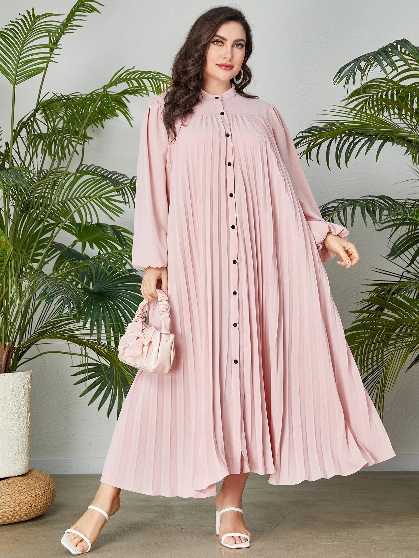 SHEIN Modely Plus Mock Neck Lantern Sleeve Pleated Hem Dress