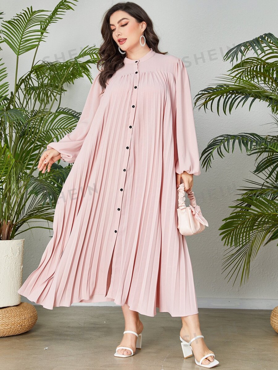 SHEIN Modely Plus Mock Neck Lantern Sleeve Pleated Hem Dress