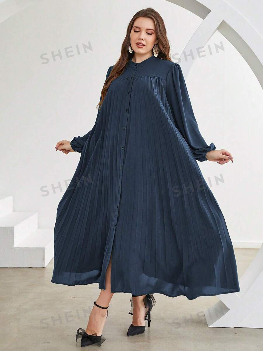 SHEIN Modely Plus Mock Neck Lantern Sleeve Pleated Hem Dress