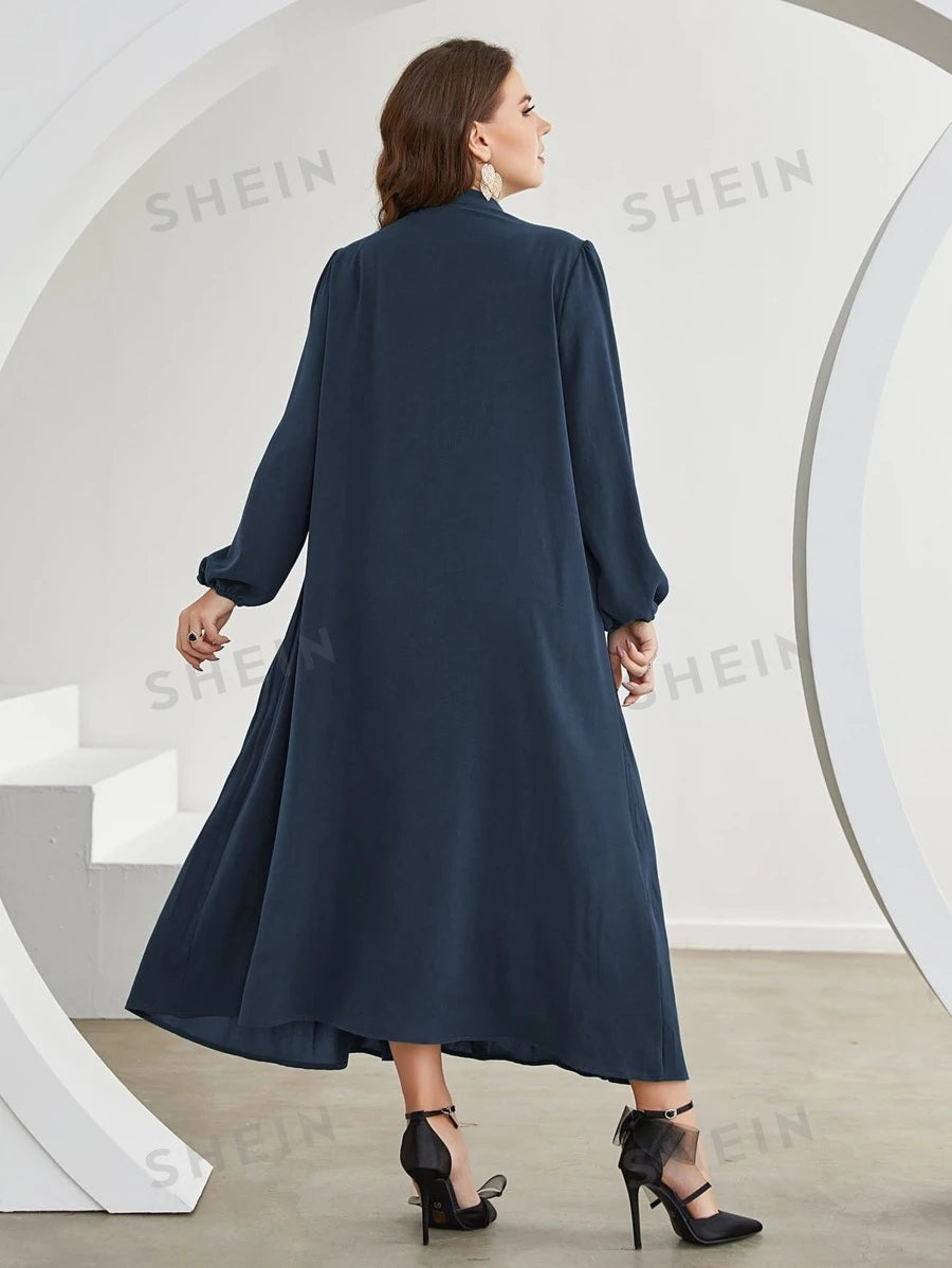 SHEIN Modely Plus Mock Neck Lantern Sleeve Pleated Hem Dress