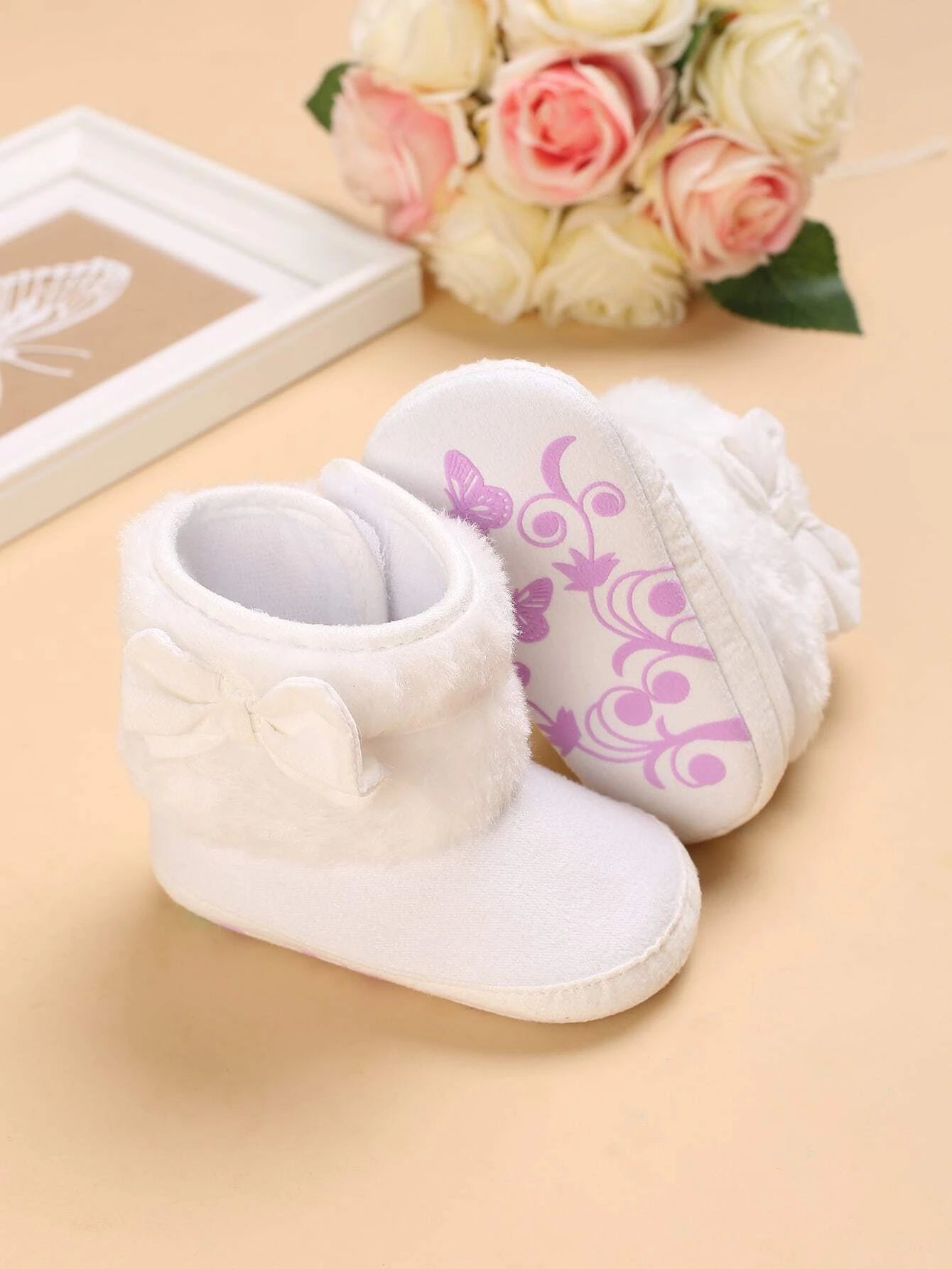 Preppy White Snow Boots For Baby Girls, Bow Decor Hook-and-loop Fastener Boots