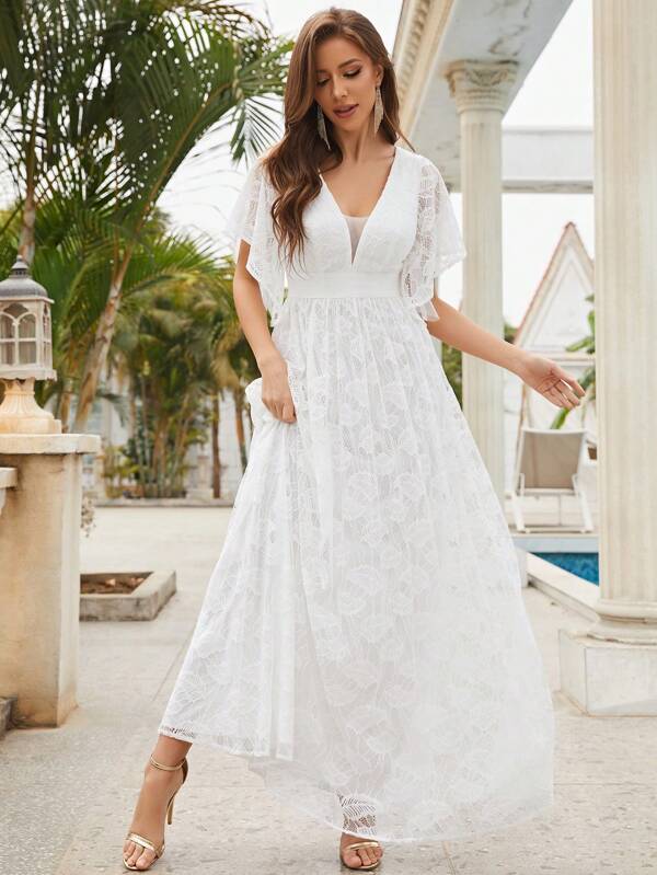 Butterfly Sleeve Lace A-line Wedding Dress