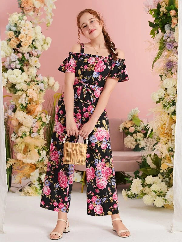 SHEIN Teen Girls Floral Print Cold Shoulder Belted Jumpsuit