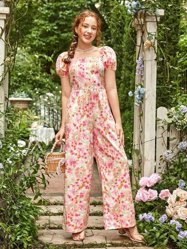 SHEIN Teen Girls Floral Print Puff Sleeve Wide Leg Jumpsuit