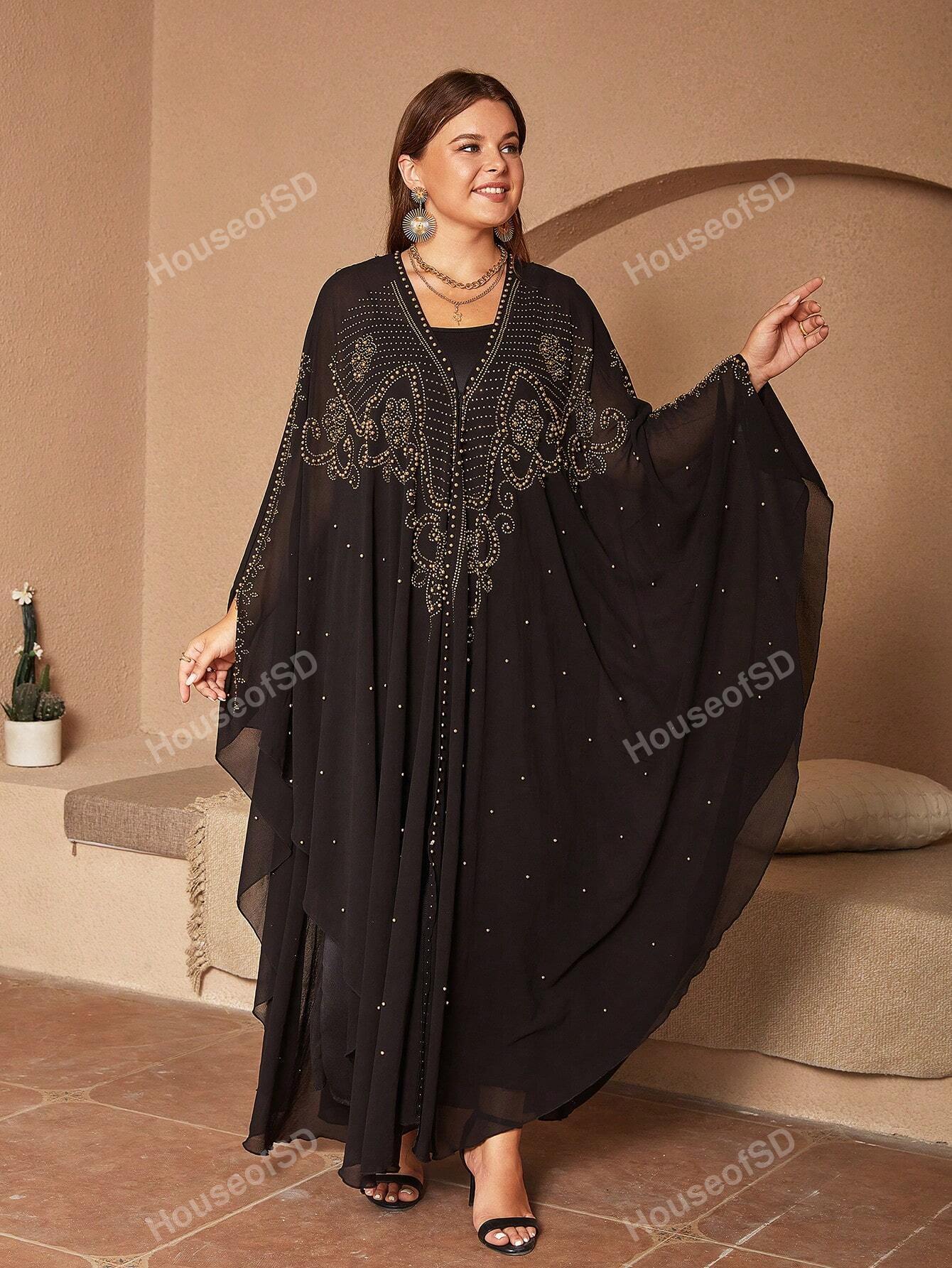 Plus Rhinestone Detail Batwing Sleeve Abaya