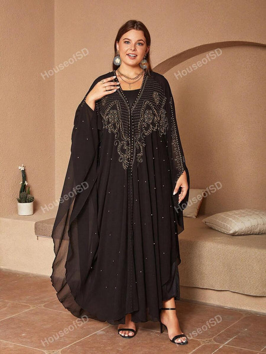 Plus Rhinestone Detail Batwing Sleeve Abaya