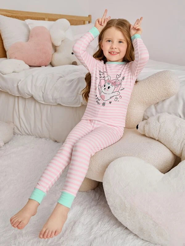 Toddler Girls Striped & Cartoon Graphic Contrast Trim Snug Fit PJ Set