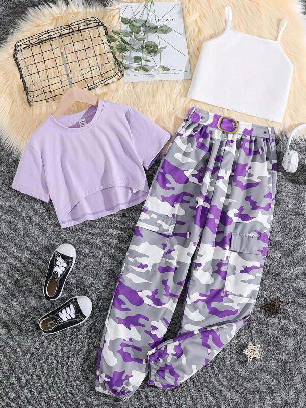 Teen Girls Solid Cami Top & Camo Print Flap Pocket Pants & Tee