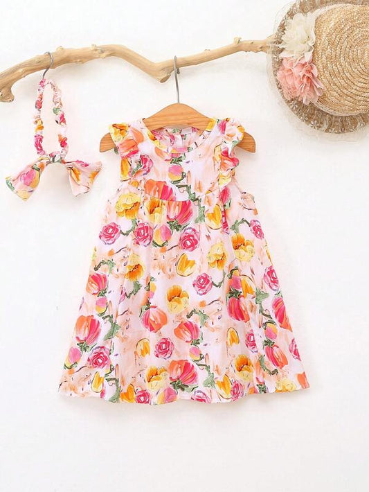 Baby Floral Print Ruffle Trim Dress & Headband