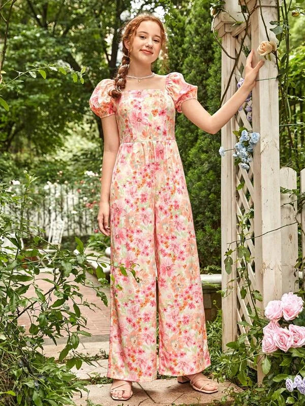 SHEIN Teen Girls Floral Print Puff Sleeve Wide Leg Jumpsuit