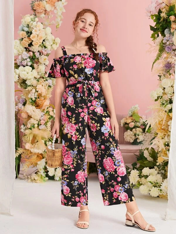 SHEIN Teen Girls Floral Print Cold Shoulder Belted Jumpsuit