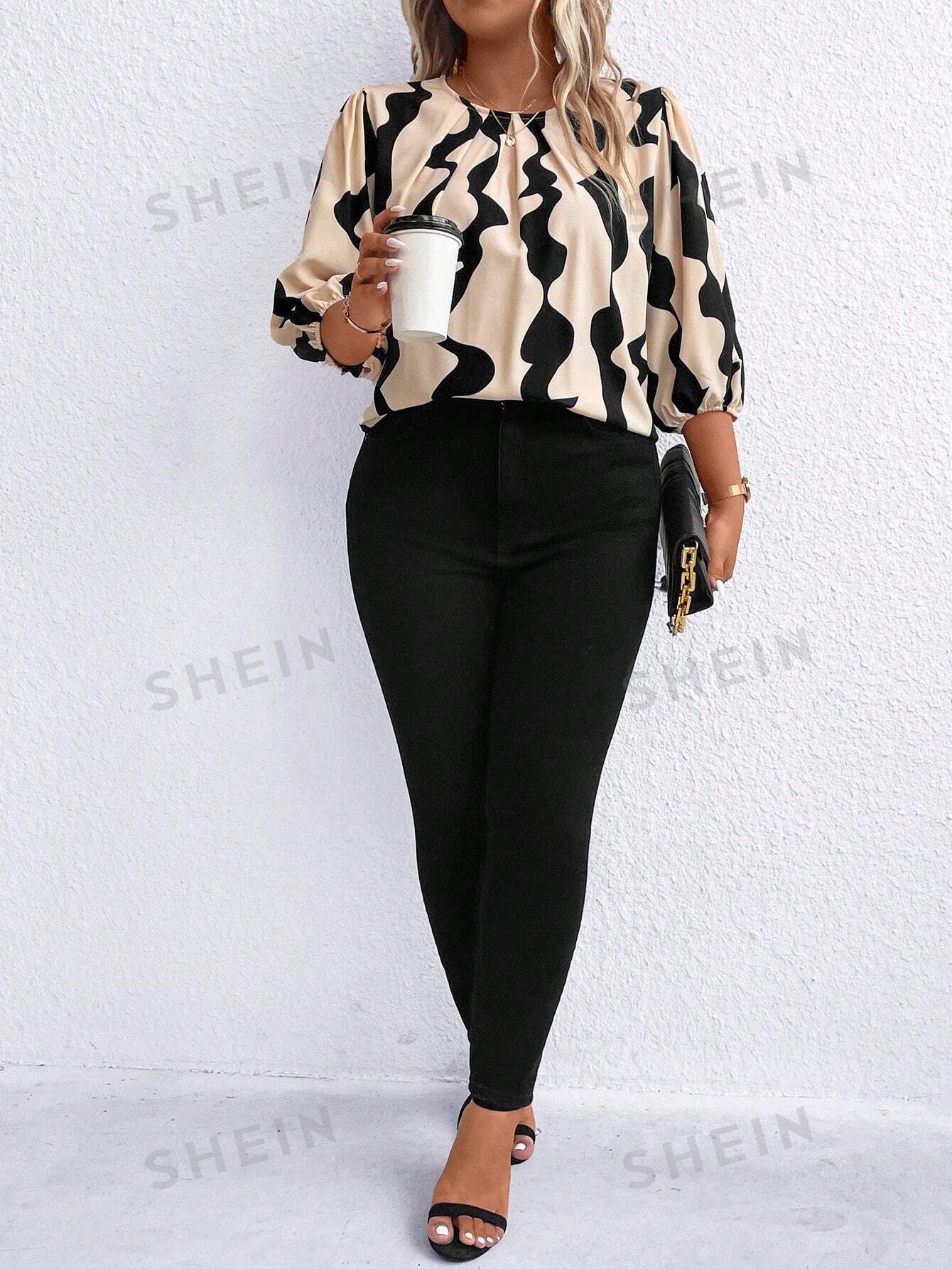 SHEIN Clasi Plus Allover Print Lantern Sleeve Blouse