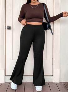 SHEIN EZwear Women's Plus Size Solid Color Bell Bottom Pants