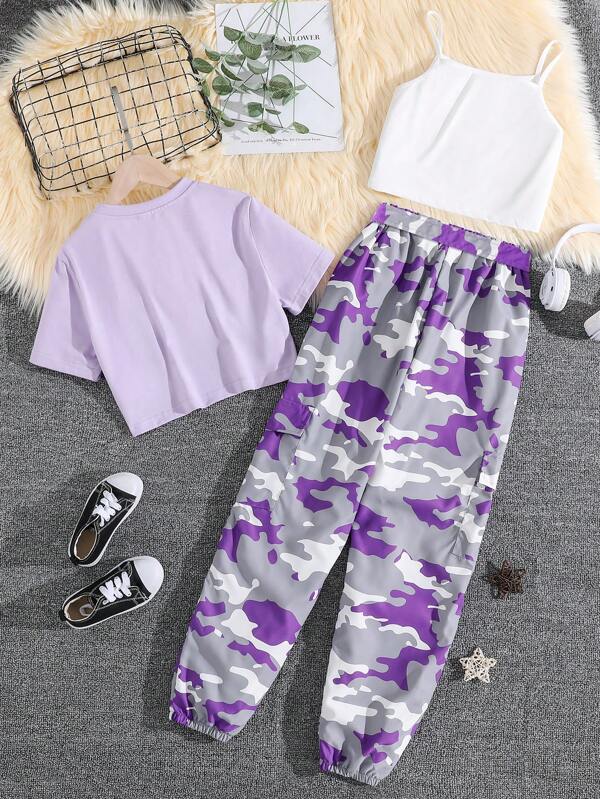 Teen Girls Solid Cami Top & Camo Print Flap Pocket Pants & Tee