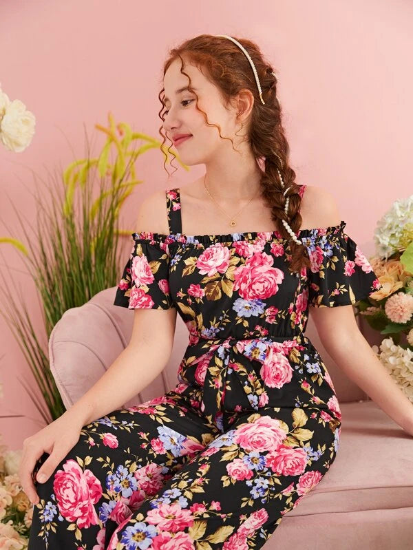 SHEIN Teen Girls Floral Print Cold Shoulder Belted Jumpsuit