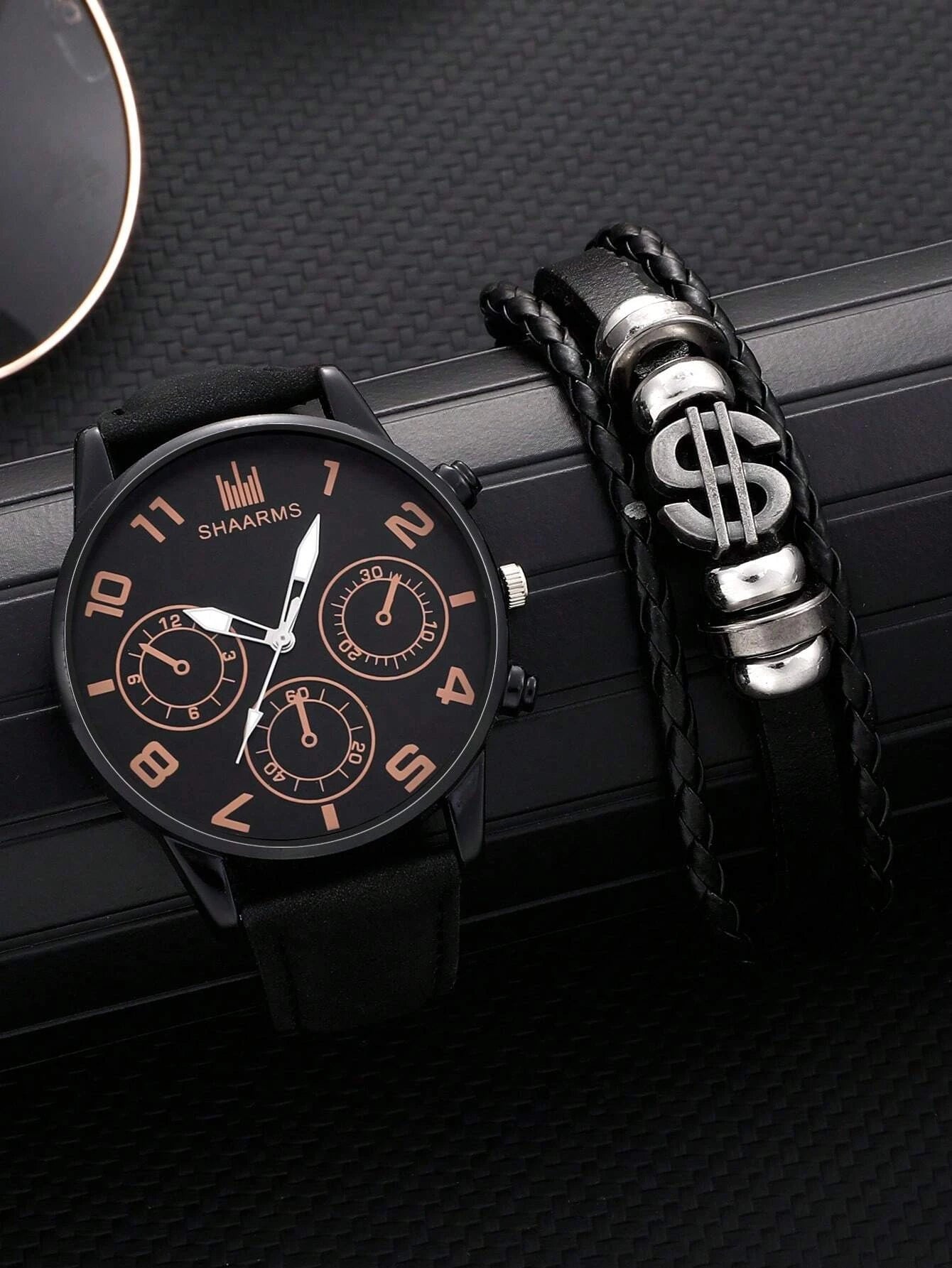 1pc Men Triple Dial Quartz Watch & 1pc Bracelet