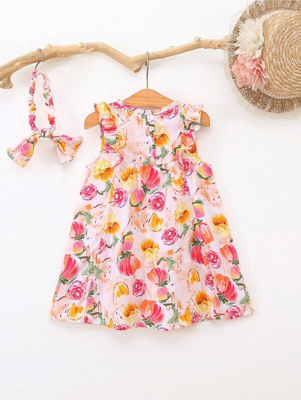 Baby Floral Print Ruffle Trim Dress & Headband