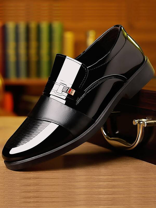 Men Metal Detail Slip-on Dress Loafers, Business Office Black Dress Shoes