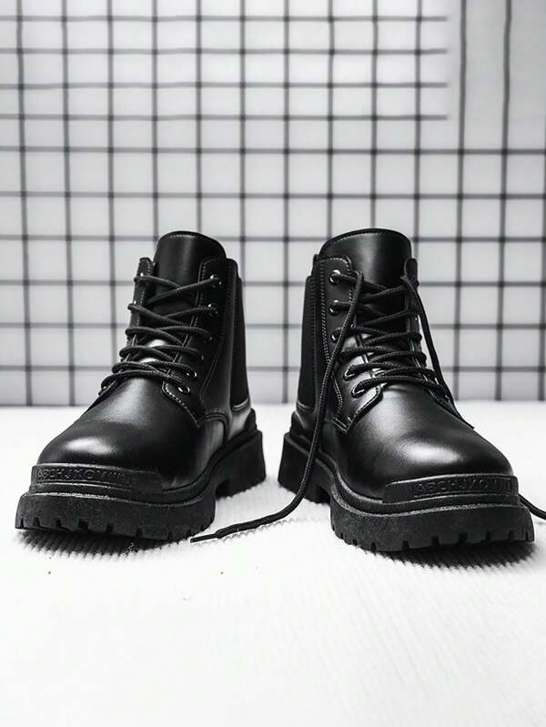 Men's Pu Leather Boots New Style For Fall And Winter, High Top, Casual & Outdoor Knight Style, Fashion Thick & Flat Soled Shoes