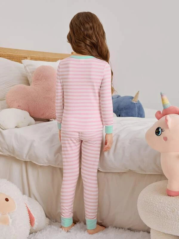 Toddler Girls Striped & Cartoon Graphic Contrast Trim Snug Fit PJ Set