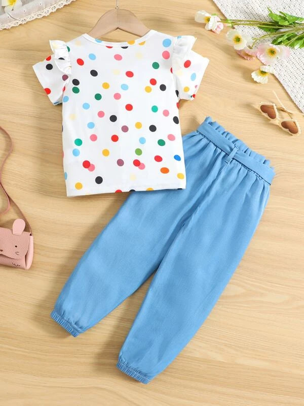 SHEIN Kids EVRYDAY Toddler Girls Polka Dot Print Ruffle Trim Tee & Paperbag Waist Belted Pants