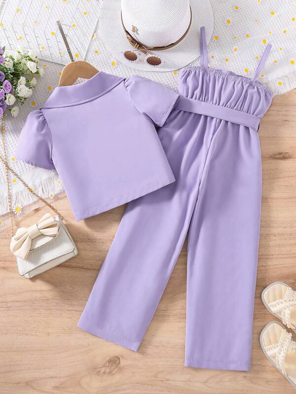 Toddler Girls Lapel Neck Blouse & Cami Jumpsuit