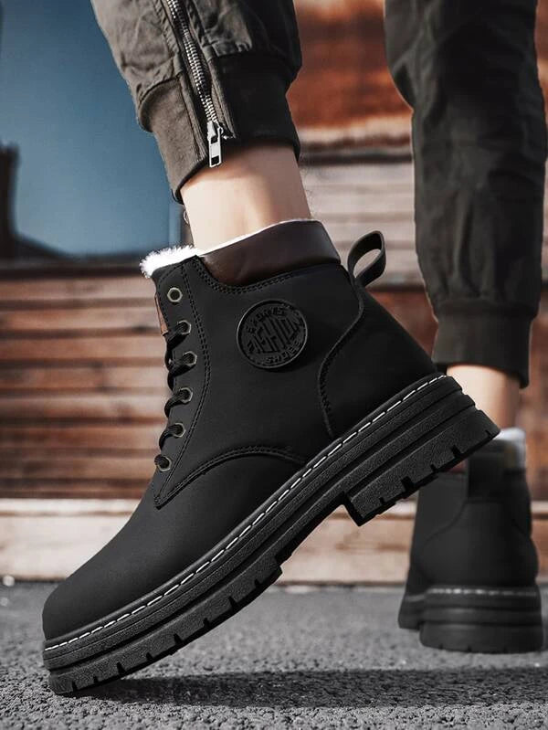 Men Patch Detail Lace-up Front Thermal Lined Combat Boots