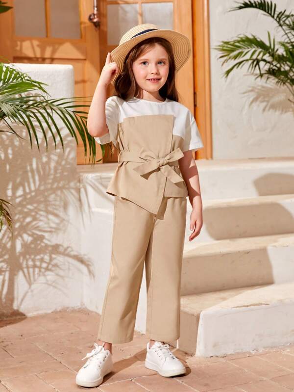 SHEIN Kids EVRYDAY Little Girls' Knitted Patchwork Jacquard Contrast Color Asymmetric Dress With Belted Pants Design