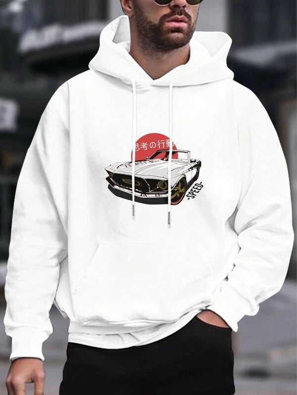 Manfinity LEGND Men Car Print Kangaroo Pocket Drawstring Hoodie