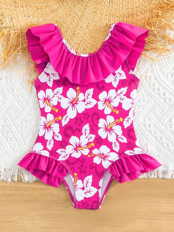 SHEIN Kids SUNSHNE Toddler Girls 1pc Floral Print Ruffle Trim One Piece Swimsuit