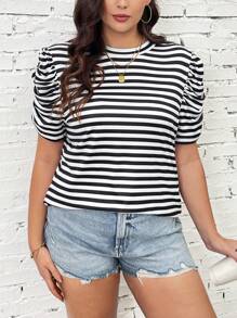 SHEIN LUNE Plus Size Women'S Striped Round Neck Short Puff Sleeve T-Shirt