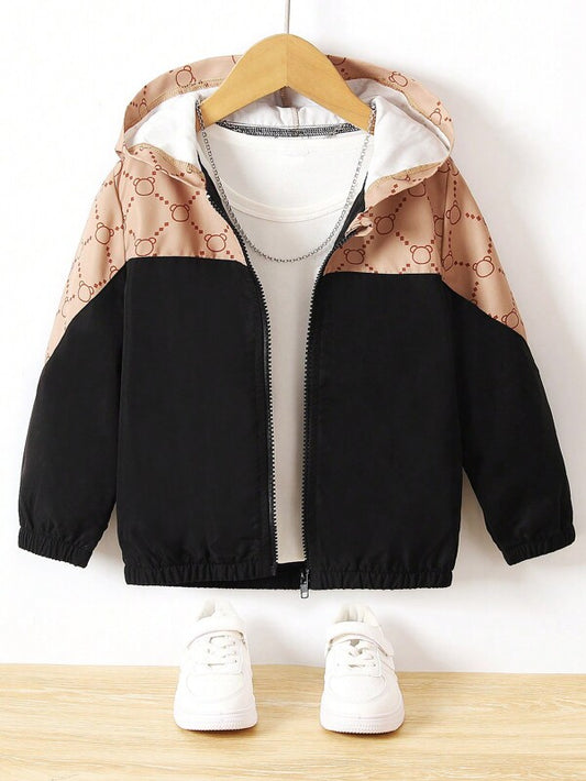 Young Boy 1pc Bear Print Colorblock Hooded Jacket